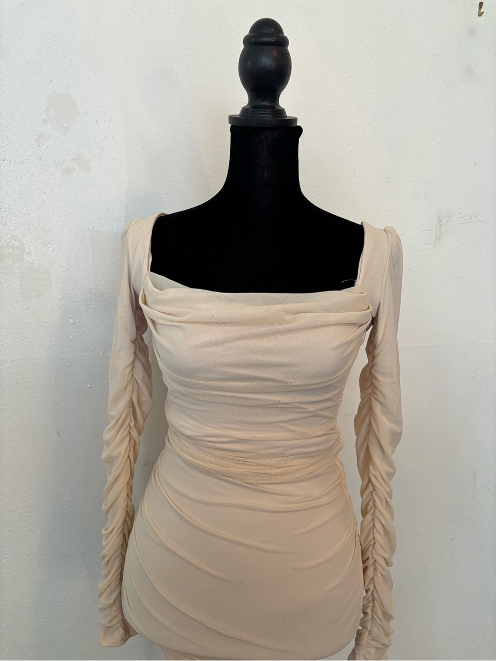 Oh Polly Cream Ruched Long-Sleeve Square Neck Bodycon mini Dress